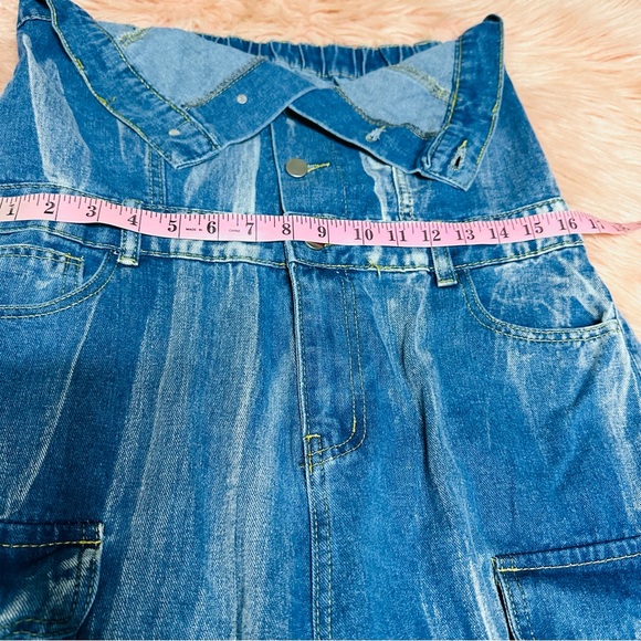 Button Up Strapless Pockets Straight Leg Denim Jumpsuit-Blue Sz M - Picture 6 of 11